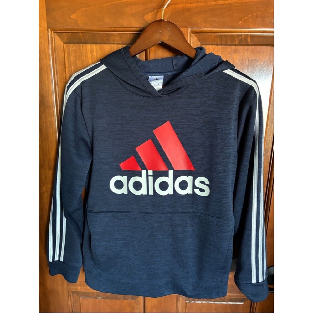 adidas Navy Pullover Hoodie with Red Logo- Boys L (14/16)